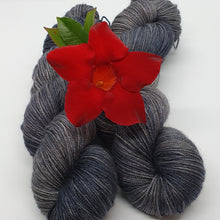 Load image into Gallery viewer, Three Trees Fibre Crafts Indie Dyed Hand Dyed 4ply Superwash Merino Silk Yak steely grey tonal Chivalry
