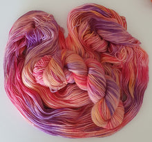 Load image into Gallery viewer, Three Trees Fibre Crafts Indie Dyed Hand Dyed 4ply Sock Superwash Merino Variegated purple, mauve, coral, orange, pink, yellow Dawns Rise
